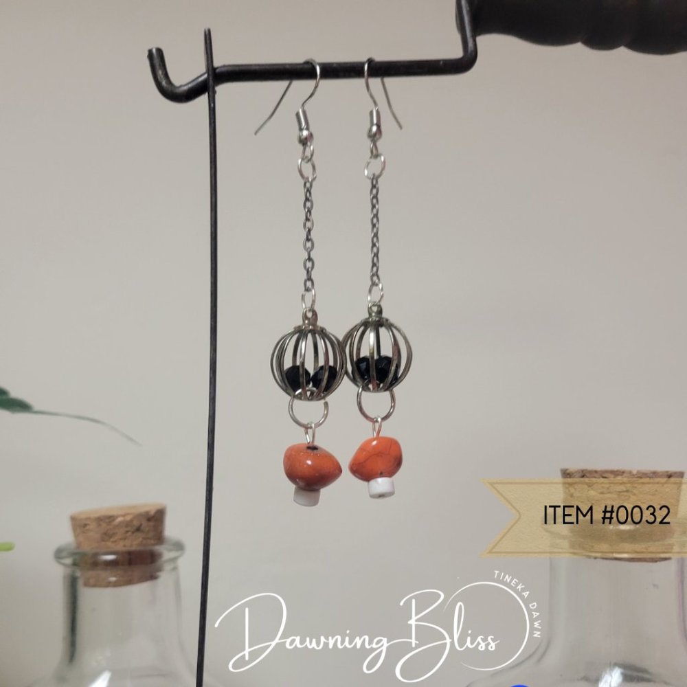 Fall/Halloween Themed Beaded, Long Dangle Earrings- Black,Orange, White Chain.